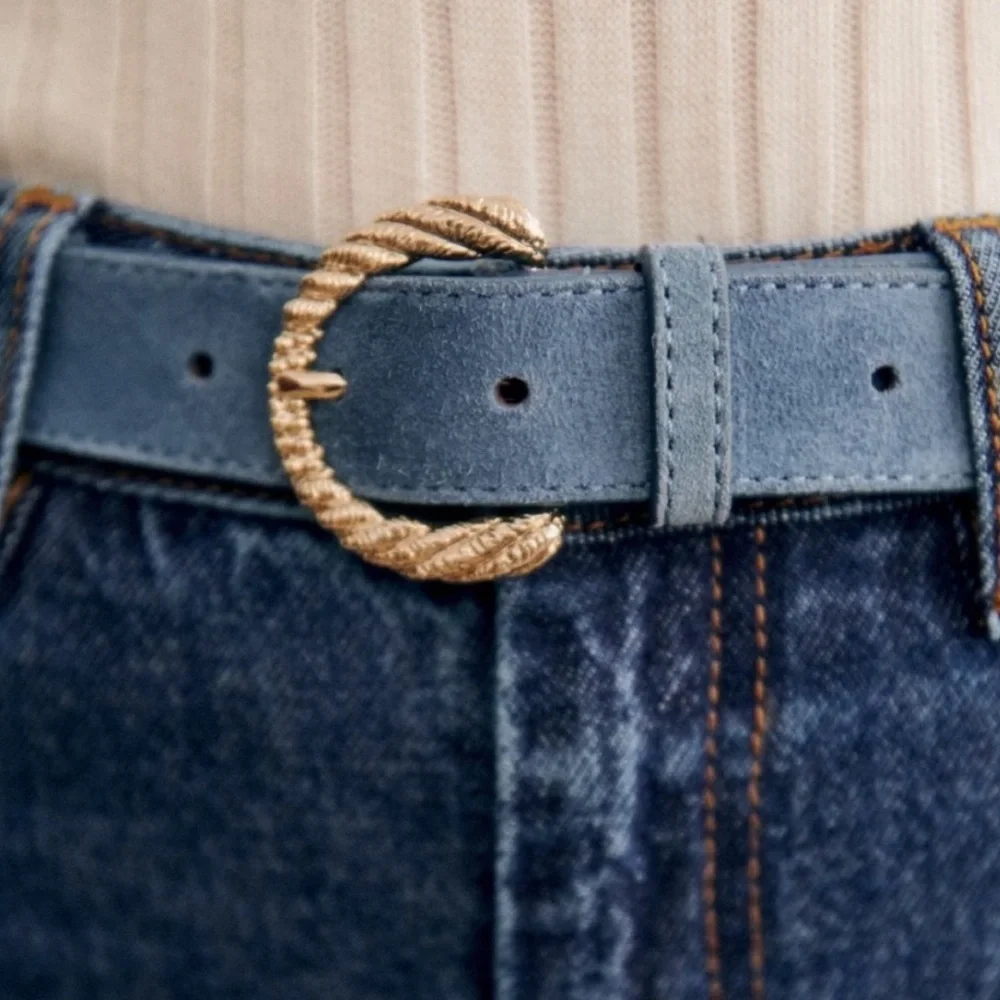 Sezane Thelma Suede Belt Round Buckle Statement Leather Denim Blue Gold 75 cm